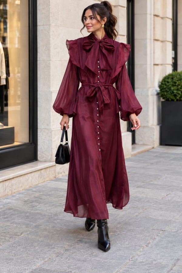Vestido largo fluido con volantes y cuello lavallière