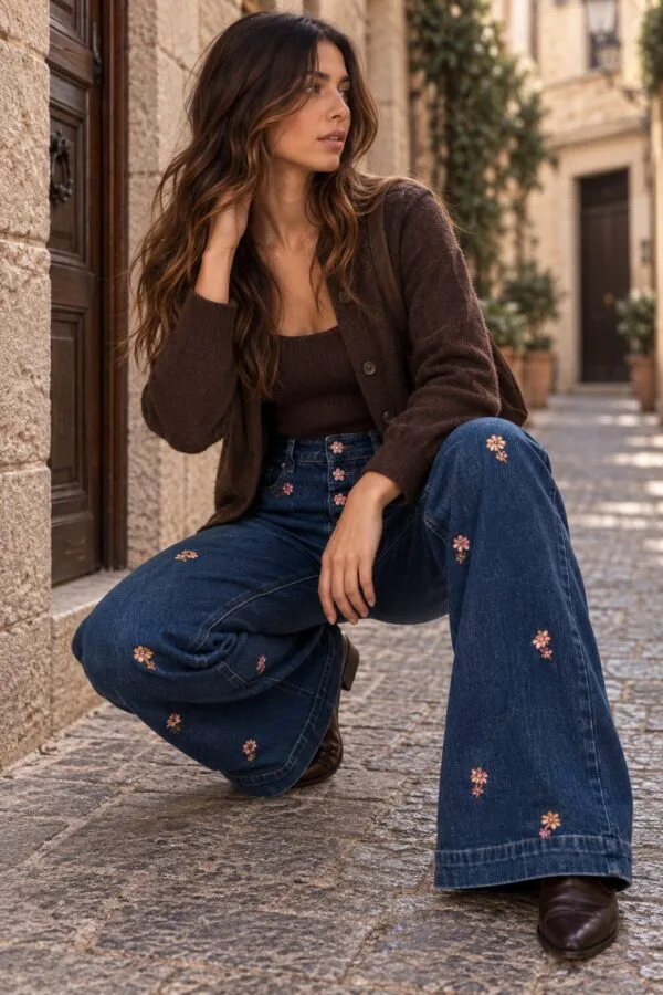 Vaqueros anchos con motivo floral